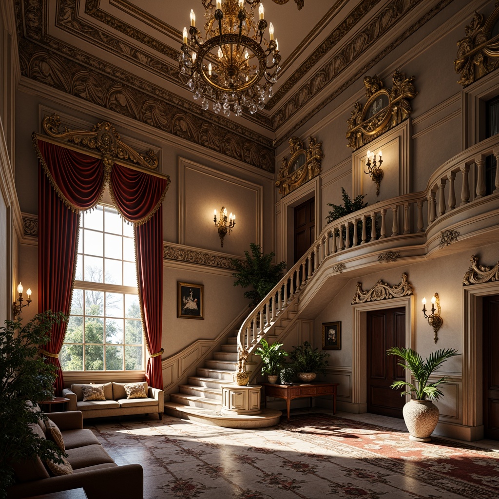 Prompt: Ornate Victorian-style mansion, intricate stone carvings, ornamental facades, decorative cornices, grand entranceways, sweeping staircases, lavish chandeliers, opulent furnishings, rich velvet drapes, polished marble floors, gilded accents, floral patterns, soft warm lighting, shallow depth of field, 1/1 composition, realistic textures, ambient occlusion.