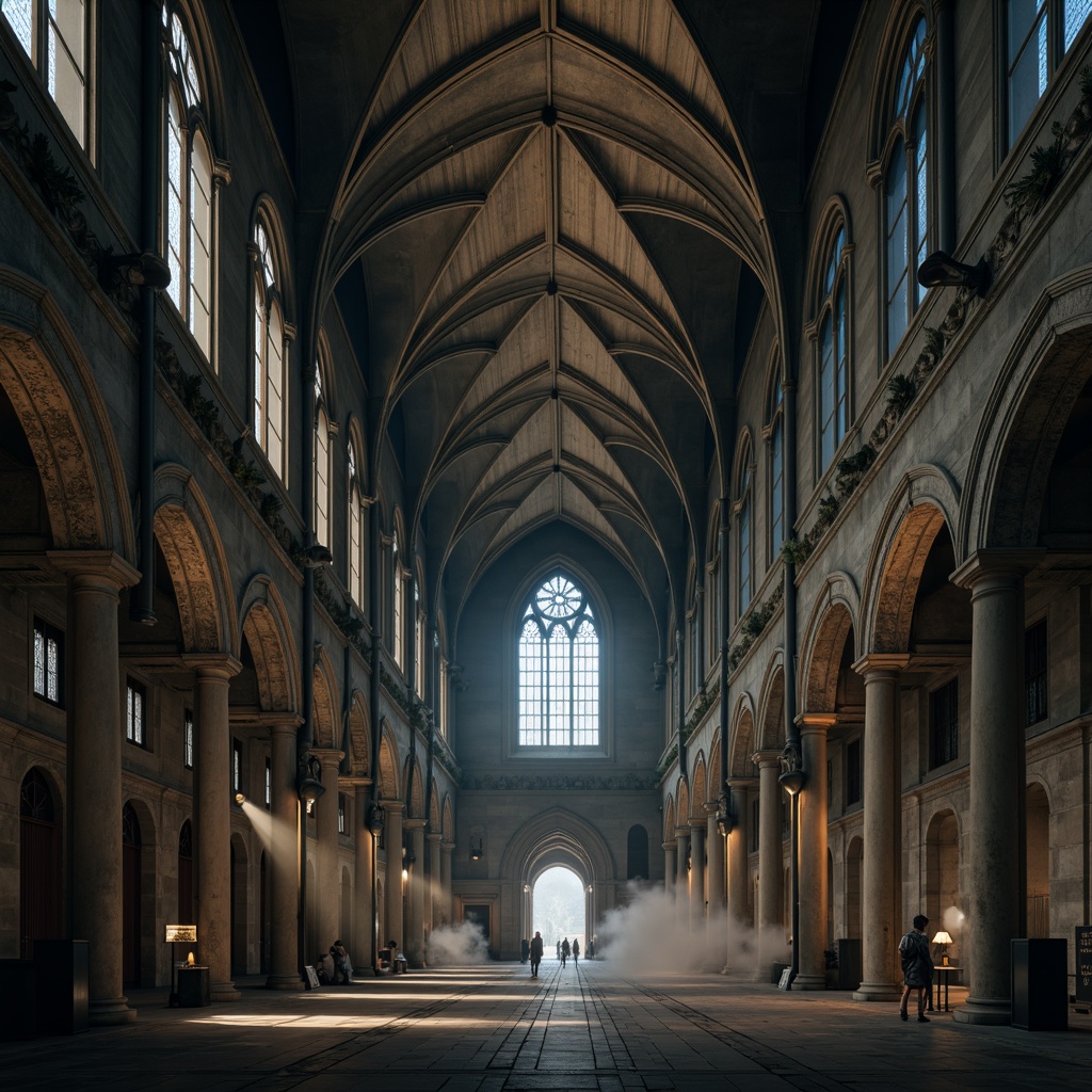 Prompt: Intricate stone carvings, ornate gargoyles, grandiose flying buttresses, ribbed vaulted ceilings, stained glass windows, pointed arches, dramatic verticality, mysterious ambiance, foggy misty atmosphere, mystical moonlight, subtle warm lighting, high contrast shadows, cinematic composition, symmetrical framing, detailed textures, realistic atmospheric effects.