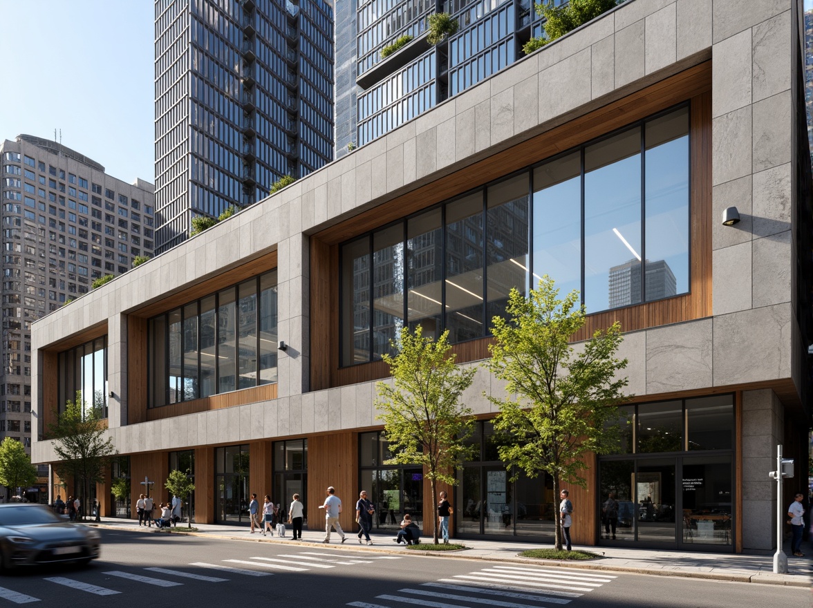 Prompt: Modern building facade, rough concrete texture, sleek metal cladding, glass curtain walls, reflective surfaces, wooden accents, natural stone patterns, urban cityscape, busy street scene, contemporary architecture style, abstract geometric shapes, dynamic lighting effects, dramatic shadows, shallow depth of field, 1/1 composition, realistic materials, ambient occlusion, intricate details.