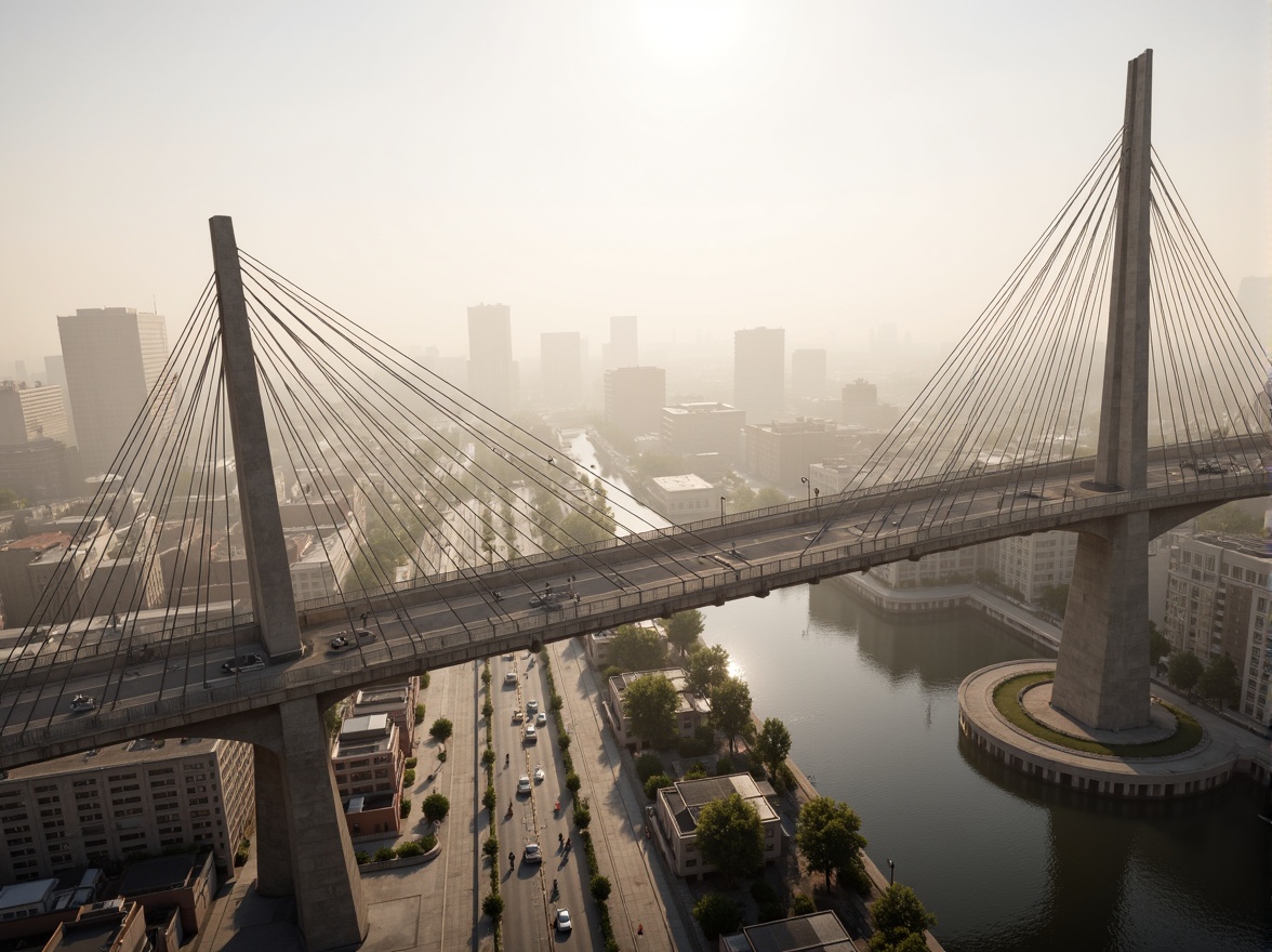 Prompt: Sleek suspension bridge, curved steel cables, sturdy piers, cantilevered roadways, modern angular architecture, urban cityscape, misty morning atmosphere, soft warm lighting, shallow depth of field, 3/4 composition, realistic textures, ambient occlusion, pedestrian walkways, bicycle lanes, safety railings, LED streetlights, integrated drainage systems, durable concrete foundations, high-strength steel materials.