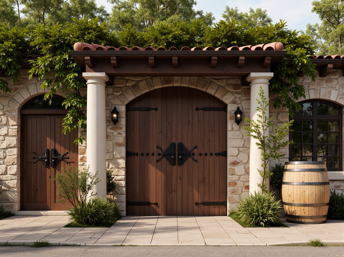 Prompt: Rustic winery facade, stone walls with ivy, wooden doors with iron hinges, ornate metal gates, Tuscan-style columns, arched windows, terracotta roof tiles, vintage wine barrels, wooden fermentation tanks, distressed wood accents, warm earthy colors, soft natural lighting, subtle texture details, 1/1 composition, close-up shot, realistic reflections, ambient occlusion.