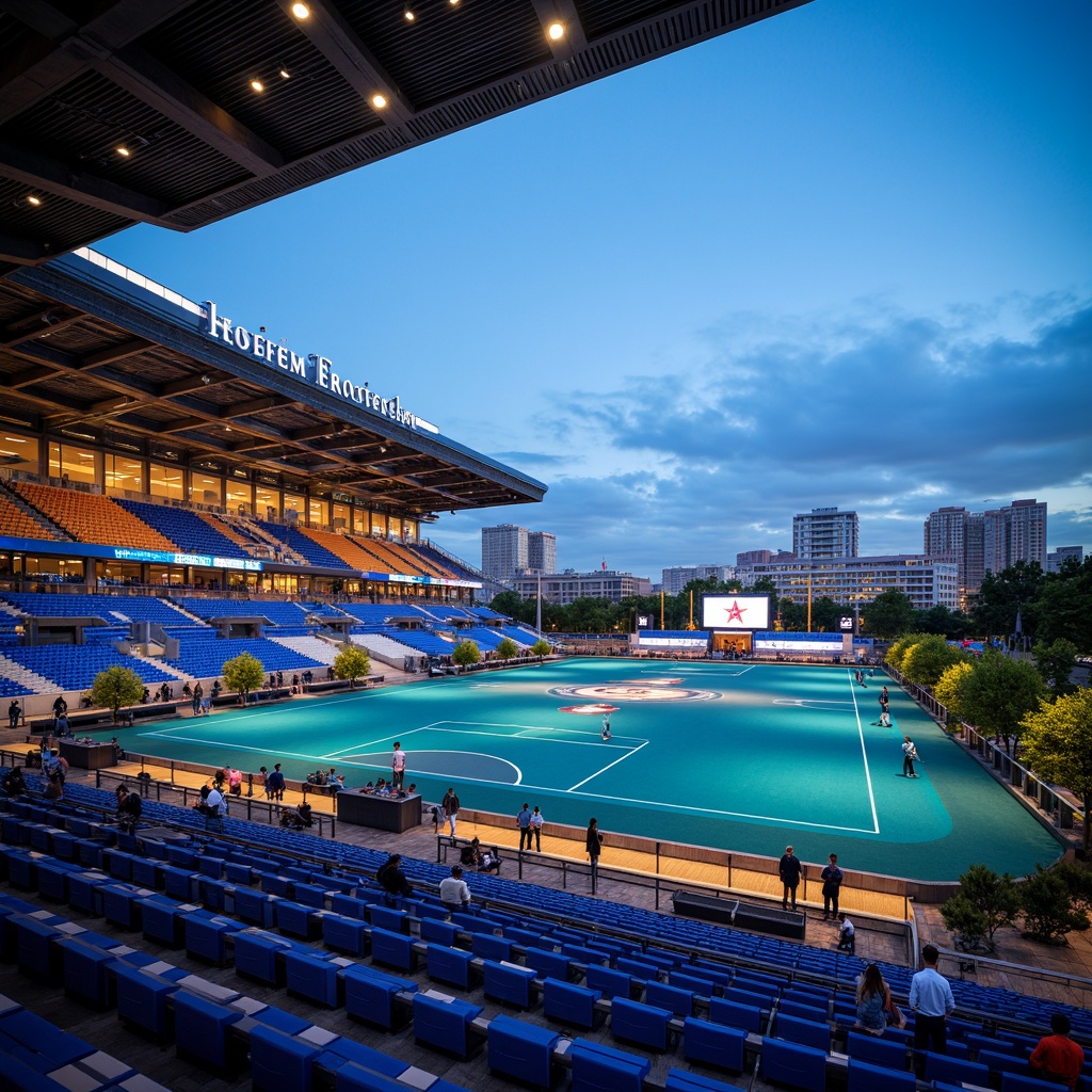 Prompt: Vibrant stadium interior, bold team colors, electric blue seating, bright white accents, warm golden lighting, dynamic LED displays, sleek modern architecture, angular lines, geometric patterns, urban cityscape, evening atmosphere, dramatic spotlights, shallow depth of field, 1/1 composition, cinematic renderings, realistic textures, ambient occlusion.