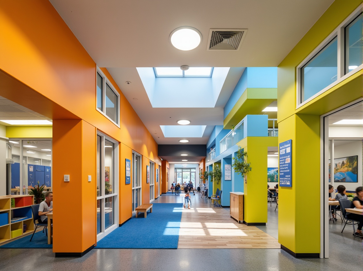 Prompt: Vibrant elementary school, playful color scheme, bold yellow walls, calming blue accents, energetic orange corridors, stimulating green classrooms, creative art spaces, collaborative open areas, educational signage, ergonomic furniture, natural wood tones, textured carpets, softbox lighting, shallow depth of field, 1/2 composition, symmetrical framing, realistic textures, ambient occlusion.