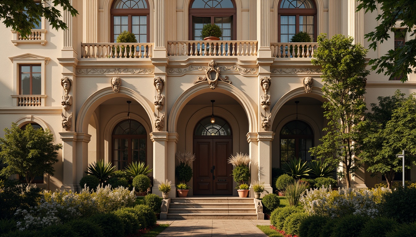 Prompt: Grandiose palace facade, ornate stone carvings, soft warm lighting, intricate ironwork, Gothic arches, Romanesque columns, whimsical gargoyles, delicate stonework, curved balconies, romantic-era inspired ornaments, lush greenery, vines crawling walls, blooming flowers, misty morning atmosphere, shallow depth of field, 1/1 composition, warm color palette, soft focus, subtle textures.