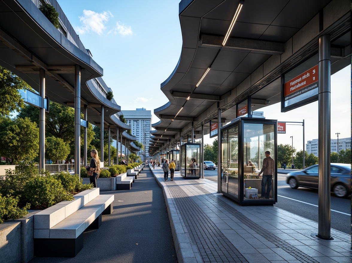 Prompt: Futuristic tram station, sleek metal structures, curvaceous lines, cantilevered roofs, LED lighting systems, transparent glass fa\u00e7ades, energy-efficient systems, solar panels, green walls, living roofs, natural ventilation, minimalist benches, modern information displays, futuristic signage, dynamic lighting effects, shallow depth of field, 3/4 composition, panoramic view, realistic textures, ambient occlusion.