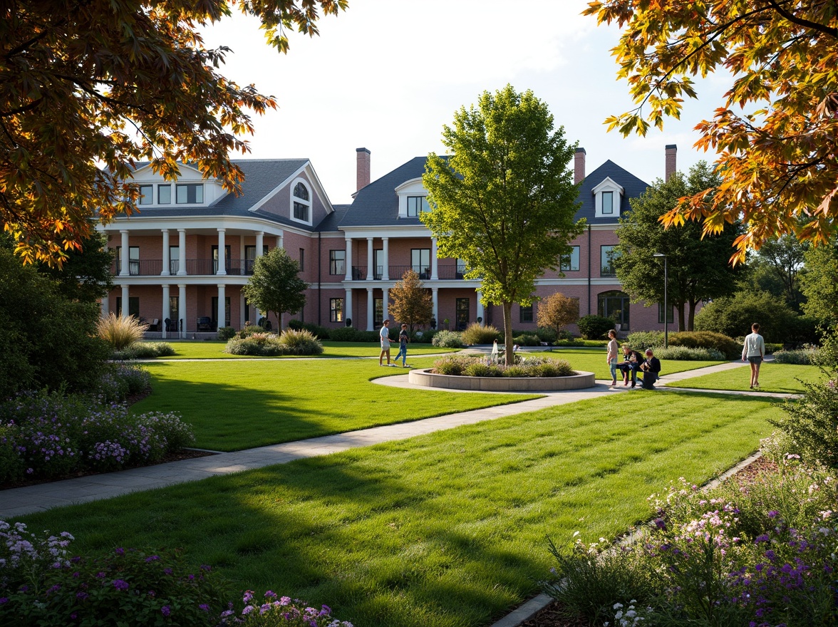 Prompt: Manicured lawn, symmetrical gardens, ornate fountains, walking paths, wrought iron benches, classic street lamps, mature trees, vibrant flowerbeds, rustic stone walls, brick buildings, columned porches, dormer windows, hip roofs, soft warm lighting, natural textures, shallow depth of field, 3/4 composition, serene atmosphere, inviting outdoor spaces.Please let me know if this meets your requirements!