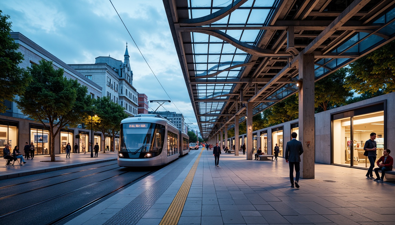 Prompt: Futuristic tram station, sleek metal framework, curved glass roofs, cantilevered platforms, vibrant LED lighting, polished concrete floors, sustainable energy harvesting, solar panels, kinetic fa\u00e7ade systems, double-glazed windows, minimalist seating areas, modern information displays, ambient acoustic design, shallow depth of field, 3/4 composition, realistic textures, soft warm lighting, panoramic view.