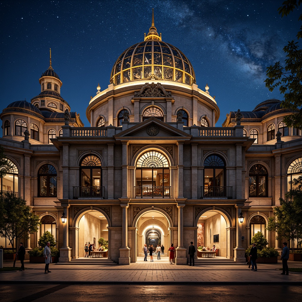 Prompt: Ornate planetarium facade, Baroque-inspired architecture, grandiose entrance, intricate stone carvings, ornamental metal details, celestial body patterns, golden accents, lavish lighting, dramatic archways, sweeping curves, majestic columns, richly textured walls, starry night sky, soft ambient glow, cinematic atmosphere, shallow depth of field, 1/1 composition, realistic reflections, detailed normal maps.