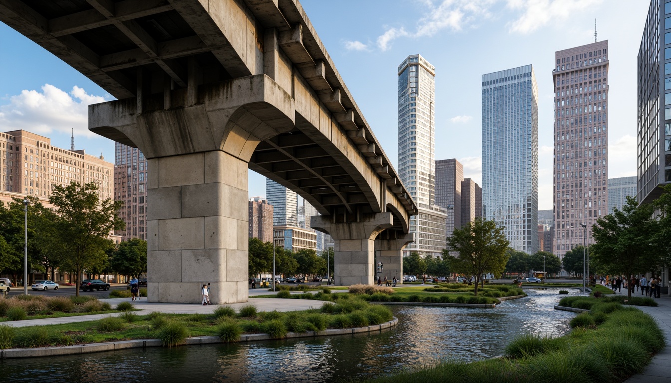 Prompt: Rugged brutalist bridge, industrial concrete structure, weathered steel beams, raw unfinished surfaces, monumental arches, urban cityscape, busy highway intersection, vibrant greenery, lush trees, flowing water features, natural stone walkways, modern urban planning, functional design, angular lines, dramatic shadows, high-contrast lighting, 1/1 composition, shallow depth of field, cinematic atmosphere.