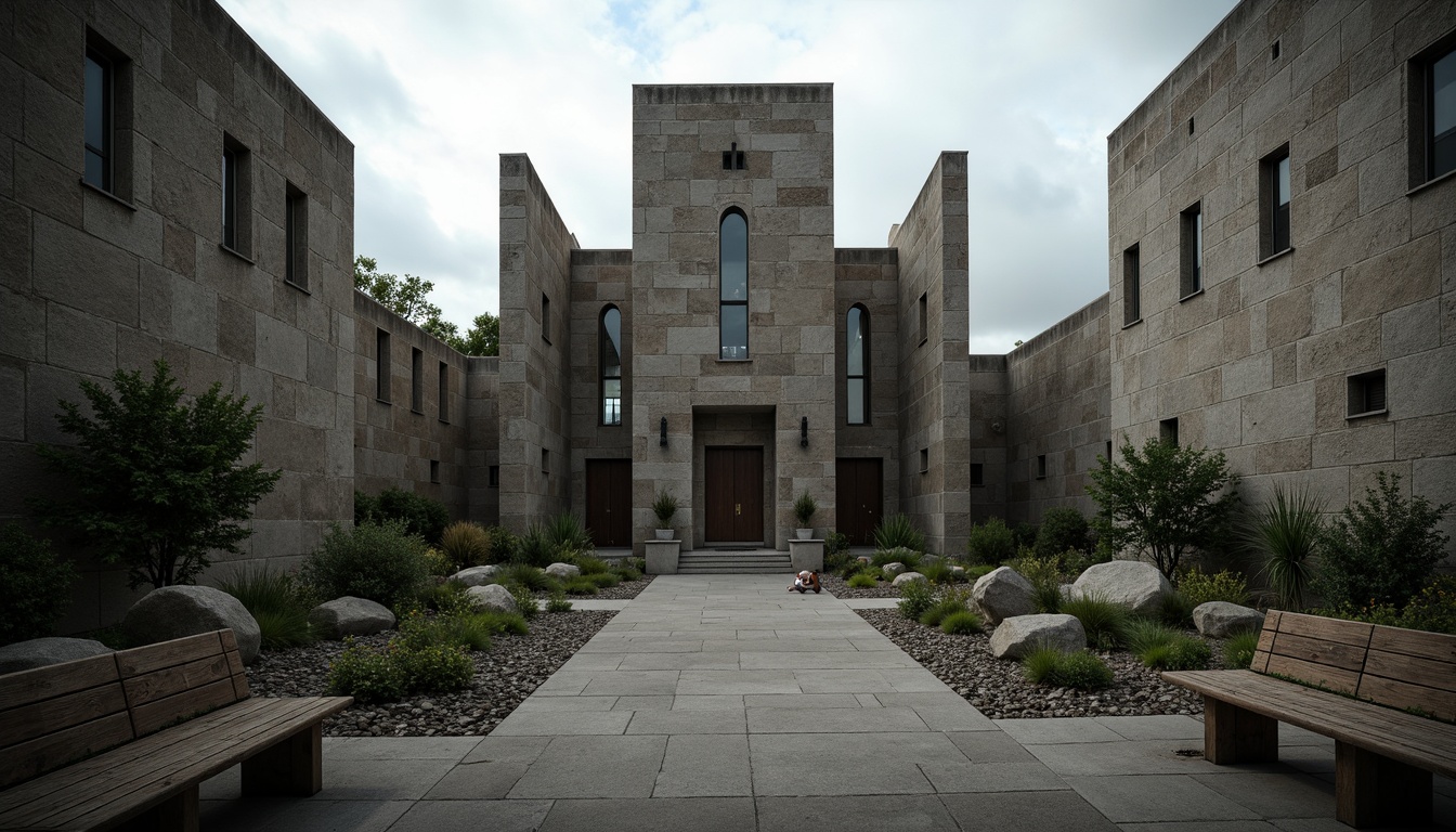 Prompt: Rugged church exterior, brutalist architecture, rough-hewn stone walls, angular lines, minimalist landscaping, sparse greenery, scattered boulders, weathered wooden benches, gravel pathways, stark concrete pavement, dramatic shading, moody lighting, cinematic composition, low-angle shot, gritty textures, subtle color palette, overcast sky, solemn atmosphere.