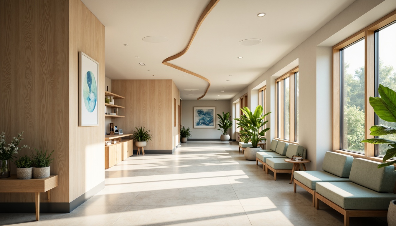 Prompt: Calming hospital corridors, soothing pastel colors, gentle curves, natural materials, wooden accents, soft lighting, comfortable seating areas, minimalist decor, serene atmosphere, healing ambiance, subtle texture contrasts, warm beige tones, calming blue hues, vibrant greenery, lush indoor plants, abstract artwork, geometric patterns, harmonious color schemes, 1/1 composition, shallow depth of field, realistic textures, ambient occlusion.