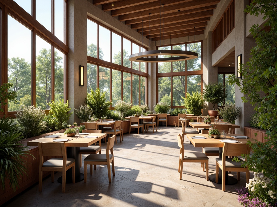 Prompt: Spacious dining hall, high ceilings, large windows, sliding glass doors, natural stone flooring, wooden tables, minimalist decor, pendant lamps, soft warm lighting, airy atmosphere, lush greenery, blooming flowers, vibrant colors, morning sunlight, shallow depth of field, 1/1 composition, realistic textures, ambient occlusion.