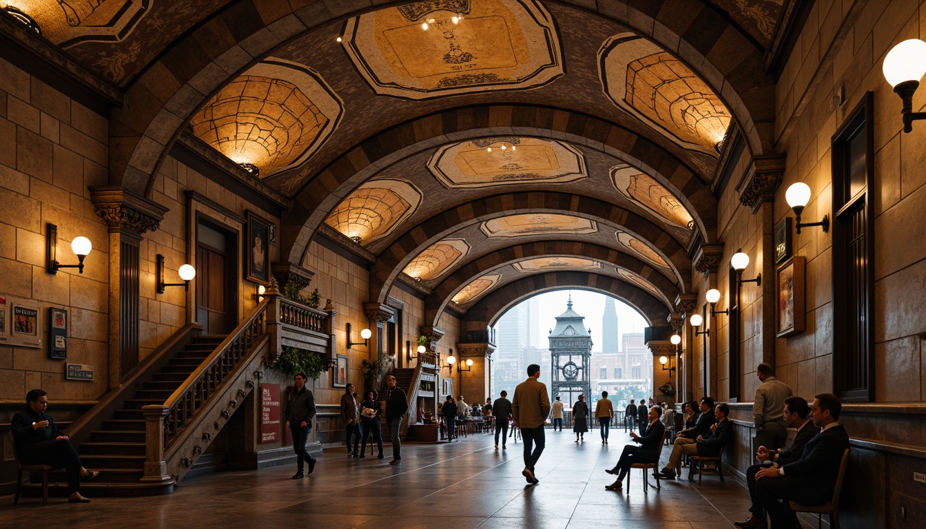 Prompt: Romanesque metro station, rustic masonry walls, arched ceilings, grand staircases, ornate columns, intricate carvings, rough-hewn stone textures, earthy color palette, warm ambient lighting, shallow depth of field, 1/1 composition, realistic atmospheric effects, ornate ironwork details, vintage advertisements, old-fashioned signage, classic clock towers, bustling urban atmosphere, morning rush hour, soft focus effect.