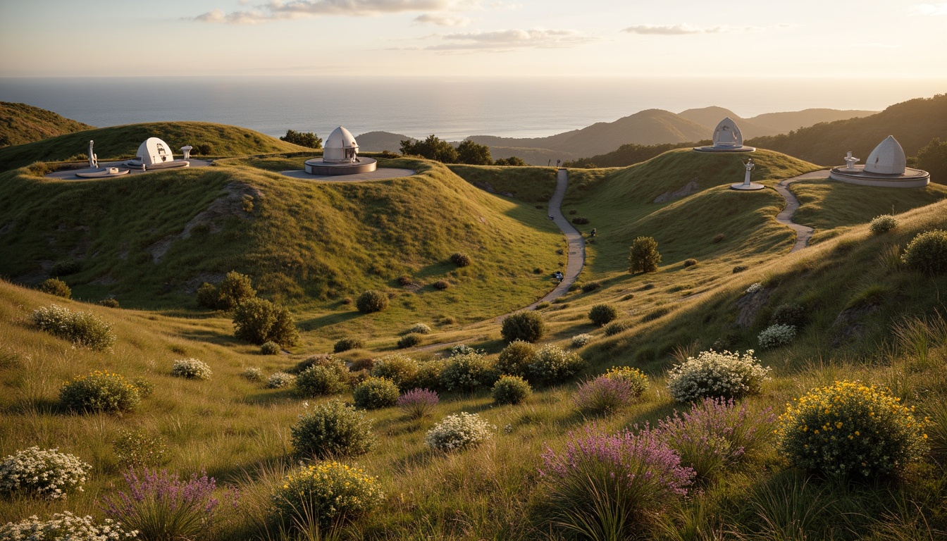 Prompt: Rolling grass hills, wildflower meadow, curved pathways, stargazing platforms, telescope stations, celestial-inspired sculptures, native grass species, drought-resistant plants, low-maintenance gardens, soft evening lighting, warm sunset hues, shallow depth of field, 1/2 composition, panoramic view, realistic textures, ambient occlusion.