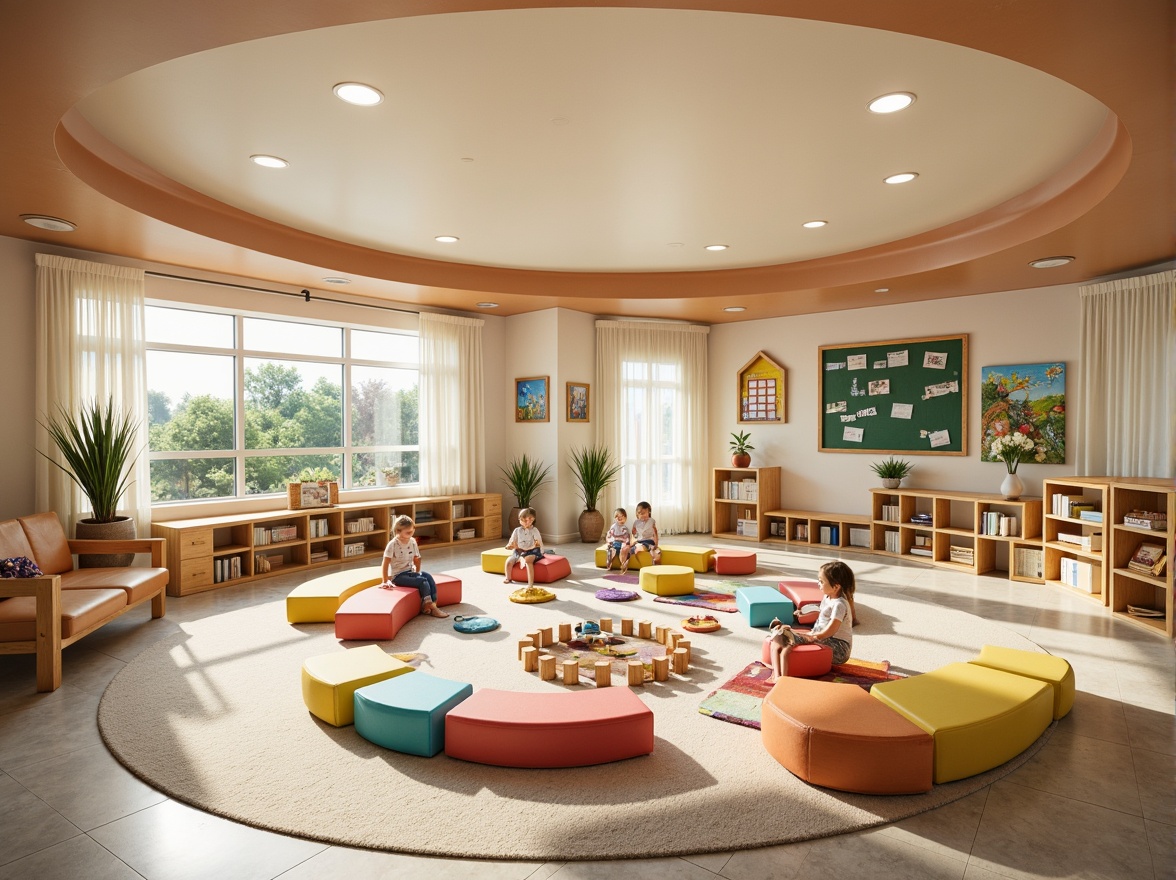 Prompt: Vibrant kindergarten interior, circular play areas, modular furniture, colorful soft toys, interactive learning zones, sensory play materials, natural light-filled spaces, open floor plans, minimalist decor, geometric shapes, educational signage, child-sized architectural elements, rounded corners, safety features, acoustic panels, cozy reading nooks, collaborative workspaces, flexible seating arrangements, playful textures, warm beige colors, shallow depth of field, 1/1 composition, realistic lighting, ambient occlusion.