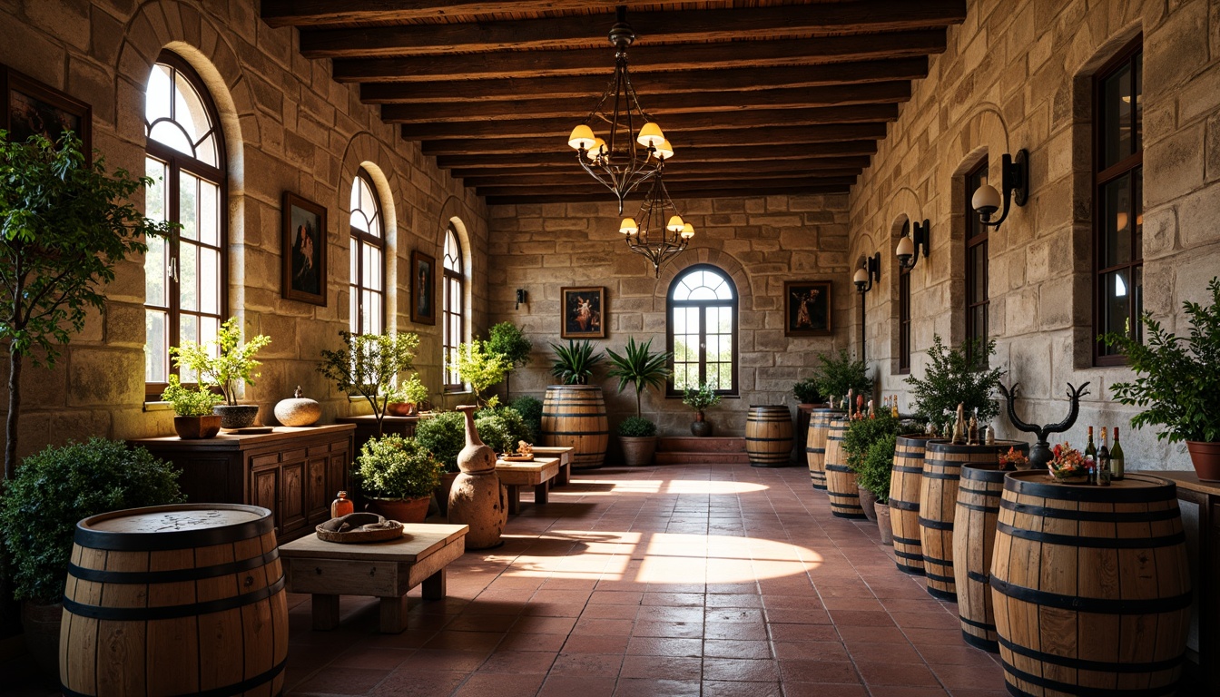 Prompt: Rustic winery, stone walls, wooden barrels, vintage wine-making equipment, ornate metalwork, grand chandeliers, high ceilings, wooden beams, terra cotta floors, arched windows, stained glass doors, lush greenery, blooming vines, warm afternoon lighting, soft shadows, 1/2 composition, shallow depth of field, realistic textures, ambient occlusion.