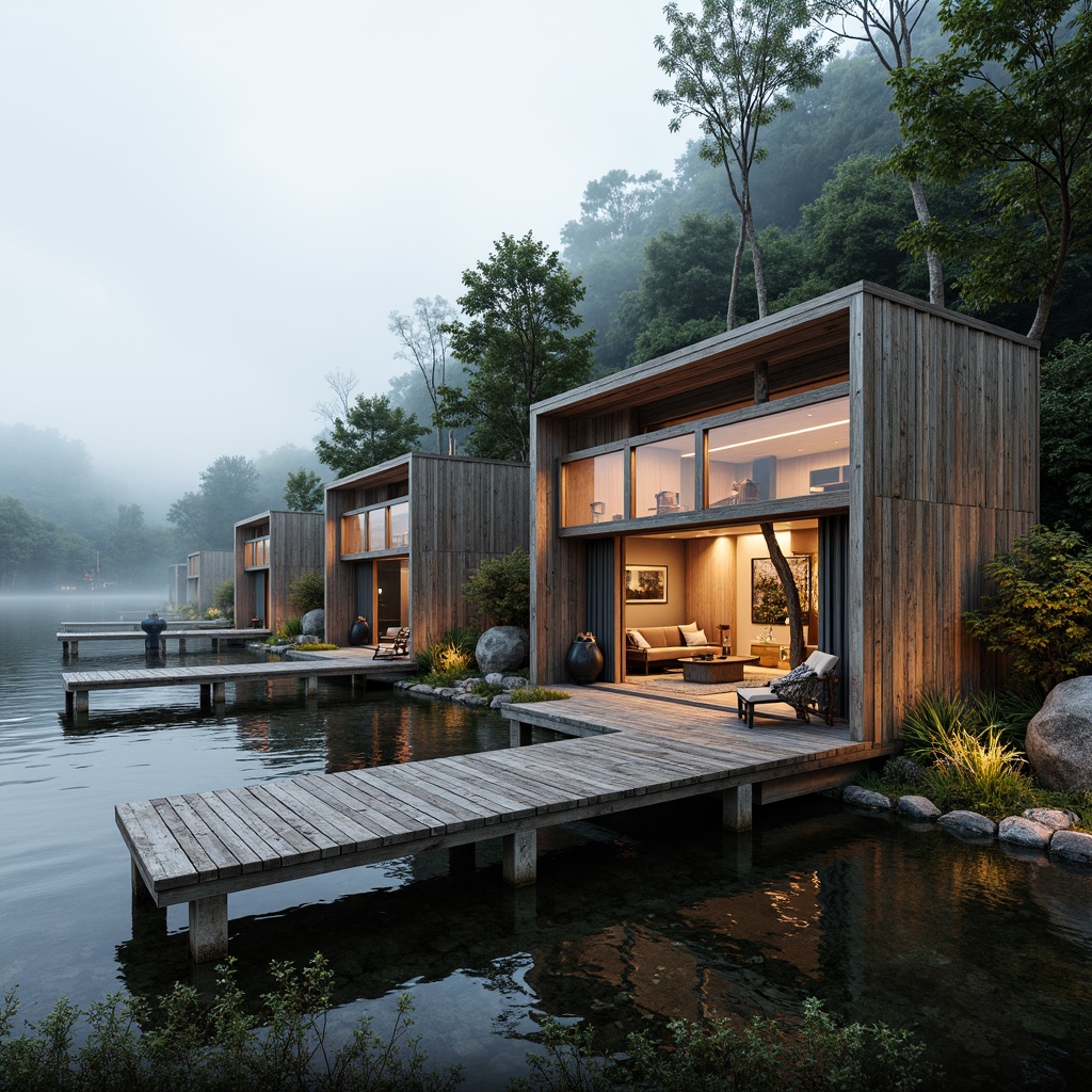 Prompt: Weathered wood accents, rustic wooden docks, natural stone foundations, corrugated metal roofs, translucent glass walls, reclaimed wooden planks, nautical-themed decorations, marine-inspired color palette, soft warm lighting, misty morning atmosphere, serene lake surroundings, lush greenery, water reflections, 3/4 composition, shallow depth of field, realistic textures, ambient occlusion.