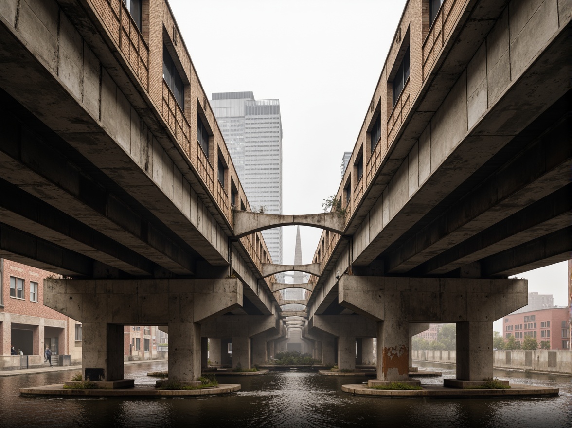 Prompt: Rugged bridge structure, raw concrete surfaces, bold brutalist architecture, geometric shapes, exposed ductwork, industrial materials, reinforced steel beams, rough-textured stone walls, cantilevered sections, dramatic angular forms, poured-in-place concrete, weathered steel railings, urban cityscape, misty morning atmosphere, low-key warm lighting, shallow depth of field, 2/3 composition, symmetrical framing, realistic rust textures, ambient occlusion.