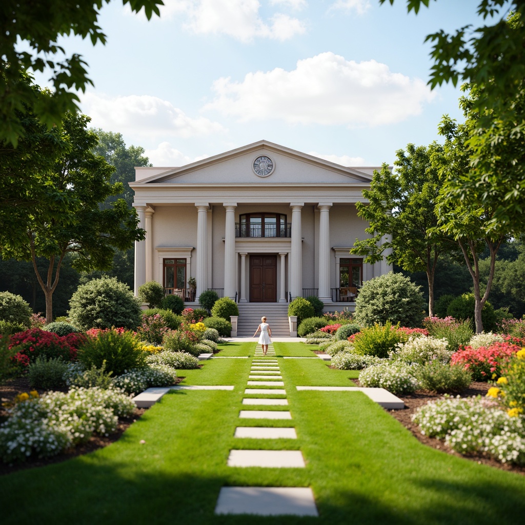 Prompt: Manicured lawn, ornate fountains, symmetrical walkways, majestic courthouse building, classicist architecture, grand entrance, iconic columns, ornamental lighting, vibrant flowerbeds, lush greenery, seasonal blooming plants, meandering paths, tranquil atmosphere, warm sunny day, soft natural lighting, shallow depth of field, 1/1 composition, realistic textures, ambient occlusion.