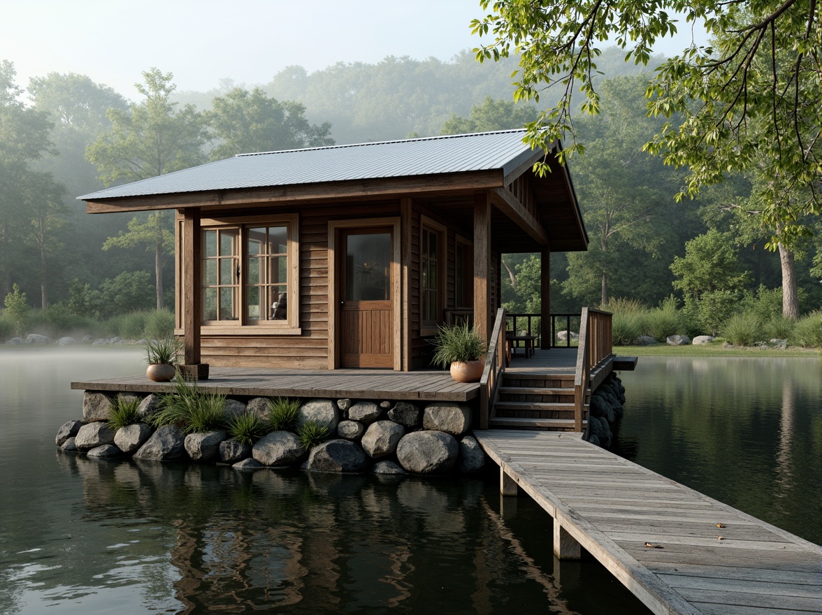 Prompt: Rustic boathouse, wooden dock, calm lake water, lush greenery, natural stone foundation, corrugated metal roofing, reclaimed wood siding, nautical rope details, marine-grade stainless steel fixtures, weathered wood accents, soft morning light, misty atmosphere, shallow depth of field, 1/1 composition, realistic textures, ambient occlusion.