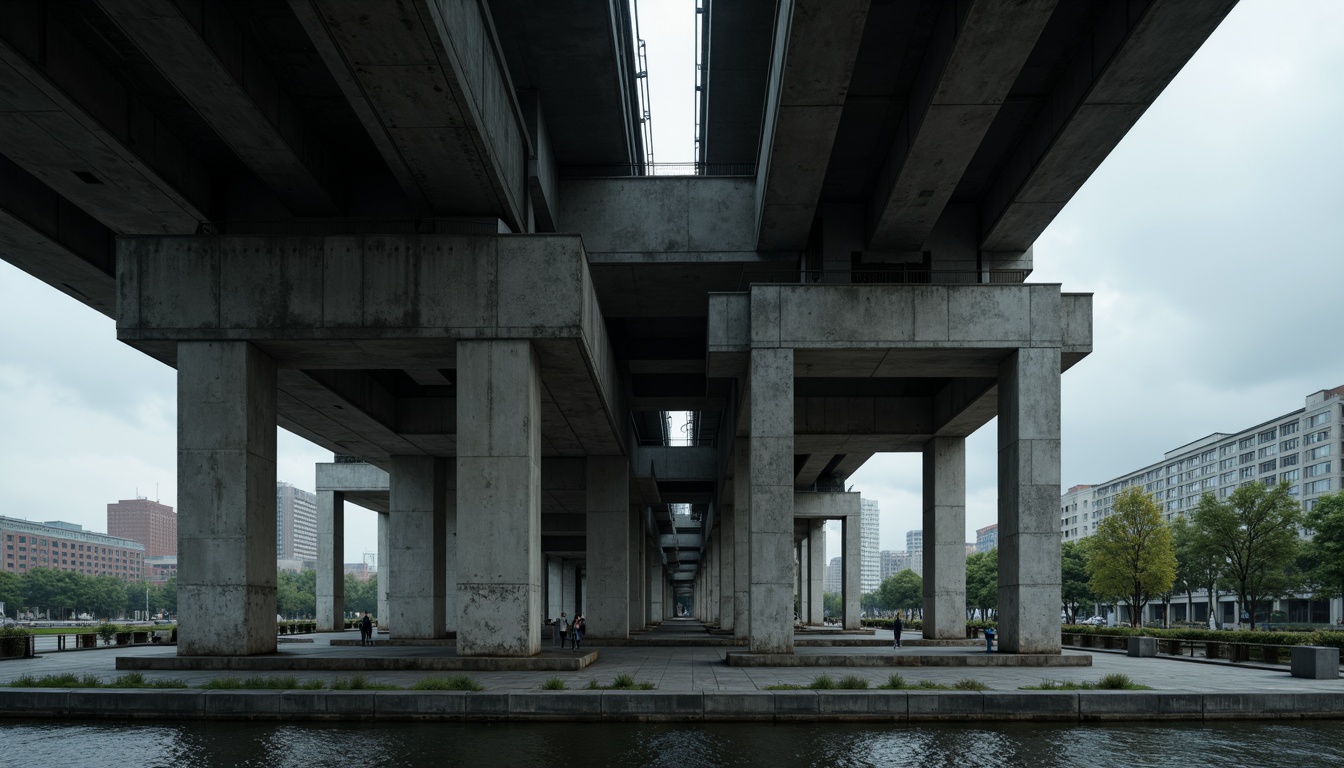 Prompt: Rugged bridge structure, brutalist architecture, exposed concrete pillars, robust steel beams, cantilevered sections, geometric shapes, raw unfinished textures, industrial aesthetic, urban cityscape, gloomy overcast sky, dramatic lighting effects, low-angle photography, cinematic composition, deep depth of field, stark contrast, monumental scale, functional minimalism, structural expressionism.