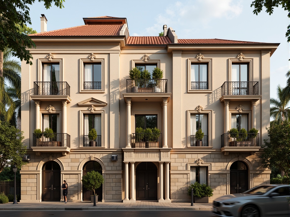 Prompt: Classic social housing facades, symmetrical composition, ornate details, ionic columns, architrave windows, rusticated base, warm beige stone walls, red clay tile roofing, ornamental metal railings, lush greenery balconies, Juliet balconies, decorative cornices, subtle color palette, soft natural lighting, shallow depth of field, 1/1 composition, realistic textures, ambient occlusion.