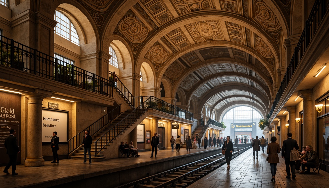 Prompt: Romanesque metro station, arched vaults, rusticated stone walls, ornate carvings, grand staircases, barrel-vaulted ceilings, earthy tones, warm lighting, intricate mosaics, ornamental railings, solid stone columns, ancient-inspired architecture, underground tunnels, busy urban atmosphere, modern transportation hub, sleek signage, elegant typography, subtle texture overlays, cinematic camera angles, dramatic depth of field, 2/3 composition.