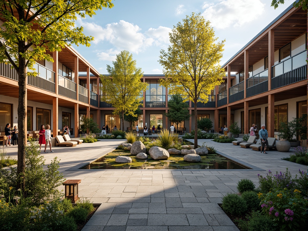 Prompt: Vibrant cultural center courtyard, traditional ethnic patterns, lush greenery, water features, koi ponds, walking paths, ornate lanterns, cultural symbol statues, natural stone benches, modern architecture, large windows, glass doors, blooming trees, sunny day, soft warm lighting, shallow depth of field, 3/4 composition, panoramic view, realistic textures, ambient occlusion.