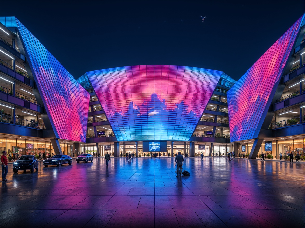 Prompt: Vibrant football stadium, dynamic curved facade, angular metal cladding, LED lighting system, massive video scoreboard, open-air concourse, grand entrance gates, sleek modern architecture, cantilevered rooflines, reinforced concrete structures, bold graphic patterns, energetic color schemes, panoramic views, shallow depth of field, 2/3 composition, dramatic spotlighting, realistic textures, ambient occlusion.