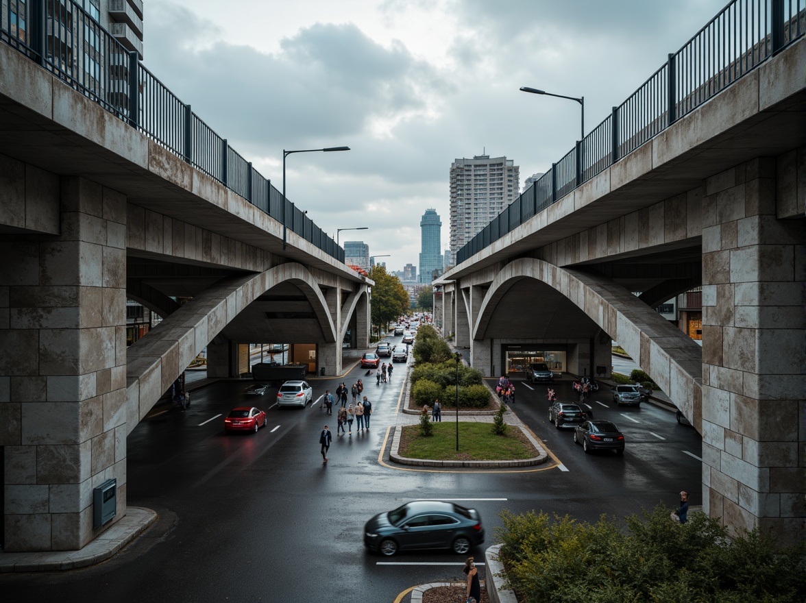 Prompt: Rugged brutalist bridge, exposed concrete texture, raw industrial aesthetic, monumental pillars, bold geometric shapes, weathered steel railings, rough-hewn stone walls, dramatic arches, urban cityscape, busy highway intersection, moody cloudy day, high-contrast lighting, deep depth of field, 2/3 composition, cinematic atmosphere, realistic materiality, advanced normal mapping.