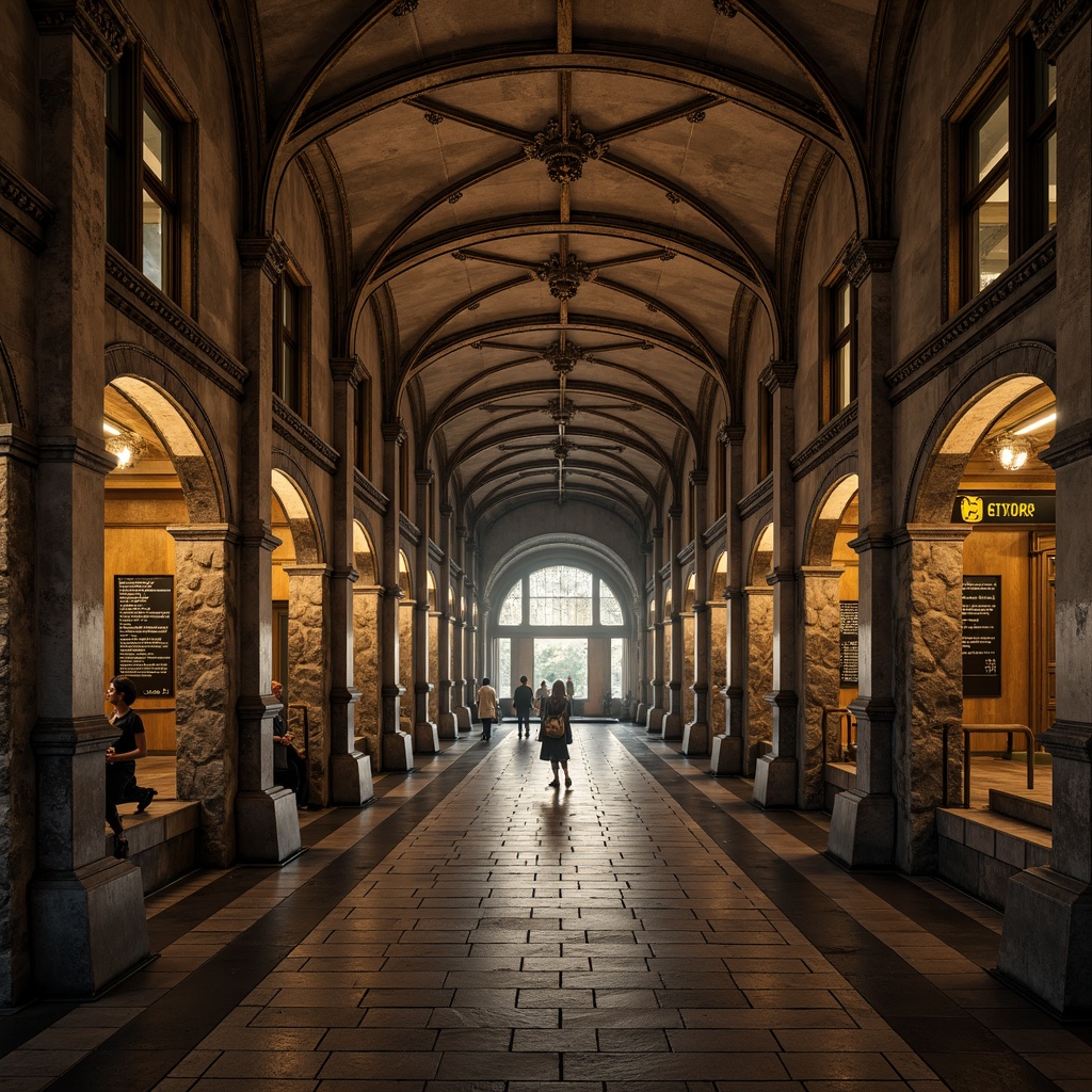 Prompt: Rustic metro station, ancient stone walls, arched ceilings, grand vaulted halls, ornate columns, intricate carvings, rough-hewn stone textures, earthy color palette, warm ambient lighting, dramatic shadows, Romanesque architectural style, historic preservation, industrial-era aesthetic, modern transportation hub, bustling city atmosphere, urban revitalization, brutalist concrete accents, distressed metal fixtures, vintage signage, nostalgic ambiance, high-contrast photography, dramatic chiaroscuro, cinematic composition.