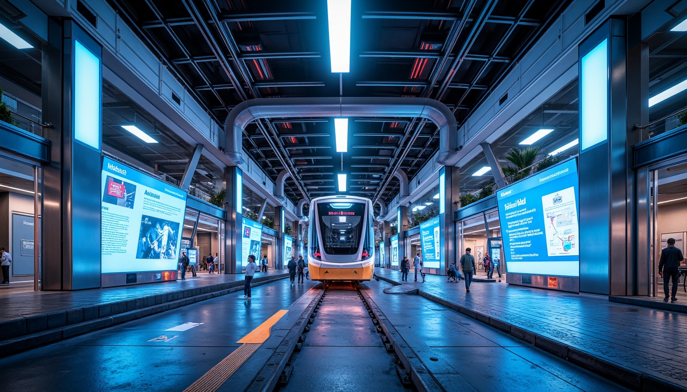 Prompt: Futuristic tram station, neon-lit tunnels, sleek metal beams, glass roofs, modern LED lighting, dynamic color displays, interactive information screens, stainless steel handrails, polished concrete floors, bold geometric patterns, vibrant electric blue accents, metallic silver trim, high-gloss finishes, ambient futuristic glow, shallow depth of field, 1/1 composition, panoramic view, realistic reflections, advanced technology integration.