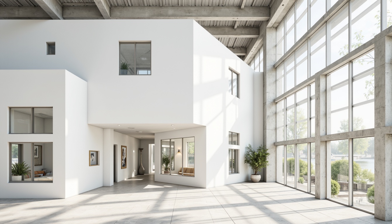 Prompt: Clean white facade, angular lines, geometric shapes, minimalist aesthetic, functional simplicity, exposed ductwork, industrial materials, steel beams, concrete columns, large windows, natural light, open spaces, calming atmosphere, healing environment, soothing color palette, pastel hues, subtle texture variations, soft shadows, 1/1 composition, realistic rendering, ambient occlusion, subtle animations.