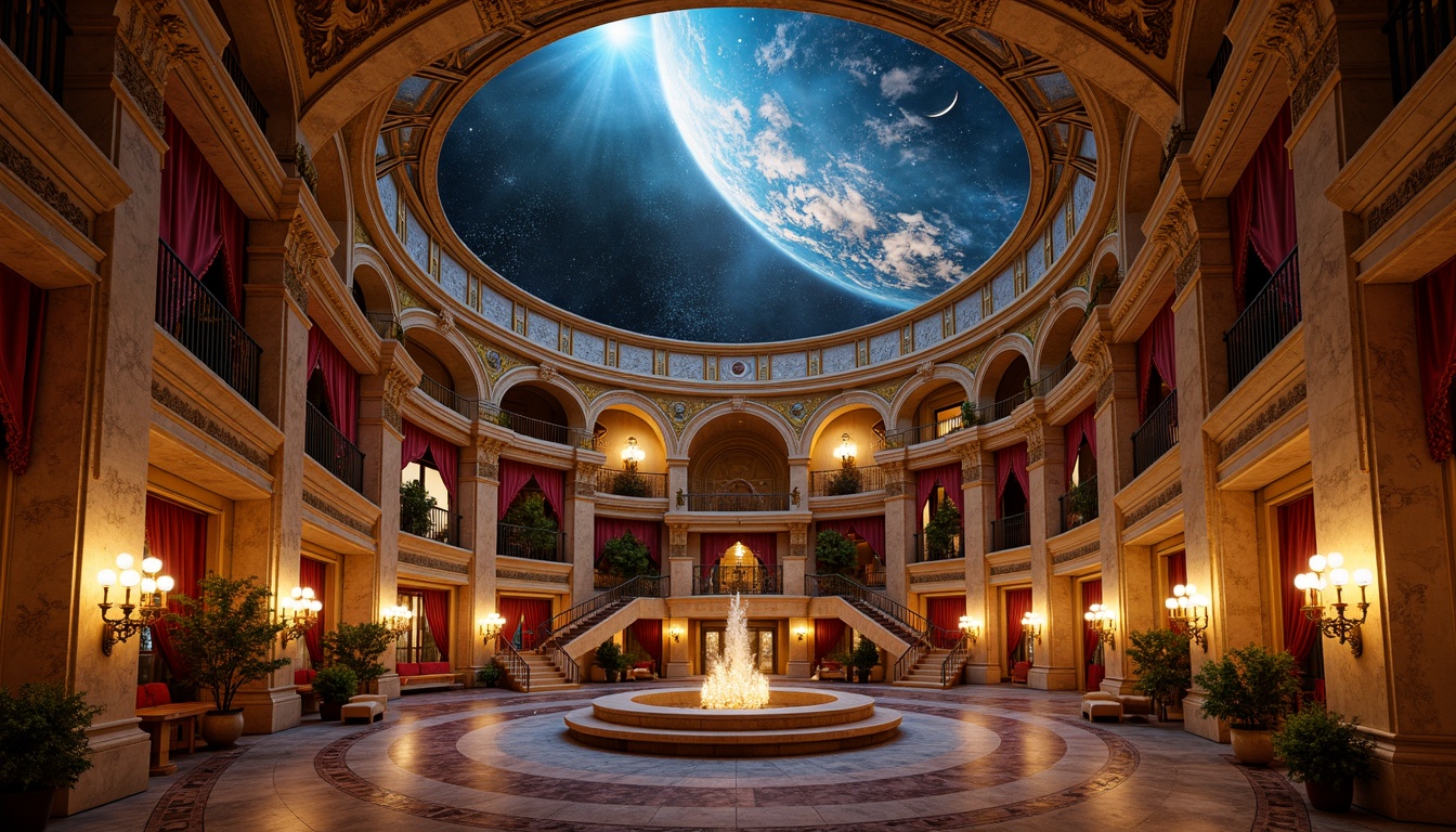 Prompt: Ornate planetarium, grandiose chandeliers, warm golden lighting, soft candlelight, lavish decorations, intricate moldings, ornamental frescoes, celestial body projections, starry night sky, majestic archways, sweeping staircases, opulent fabrics, rich velvet drapes, crystal glassware, polished bronze fixtures, ambient glow, dramatic spotlighting, shallow depth of field, 1/1 composition, realistic textures, ambient occlusion.