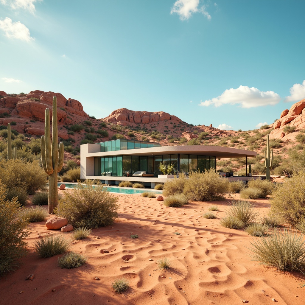 Prompt: Vibrant desert landscape, warm sandy dunes, cactus silhouettes, turquoise accents, burnt orange hues, soft beige tones, weathered stone textures, metallic silver lines, sleek glass surfaces, modern minimalist architecture, natural ventilation systems, abundant sunlight, shallow depth of field, 3/4 composition, panoramic view, realistic ambient occlusion.