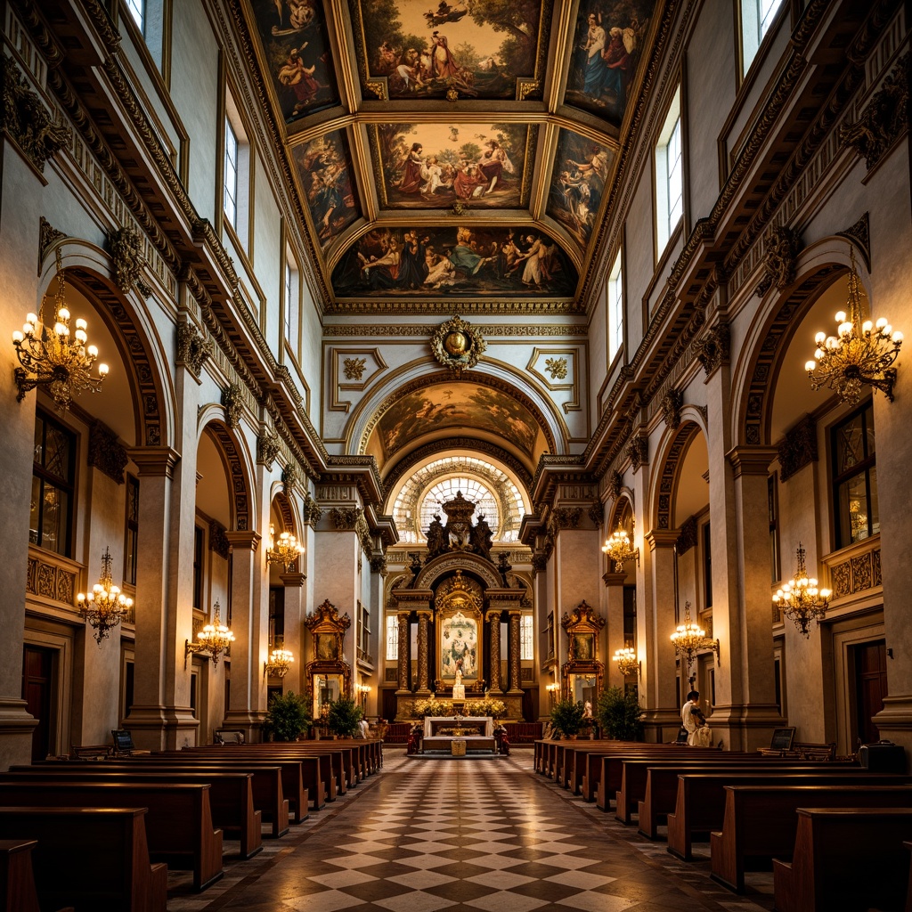 Prompt: Ornate church interior, grandiose chandeliers, intricate carvings, gilded ornaments, ornamental frescoes, majestic domes, sweeping archways, marble columns, polished stone floors, lavish altarpieces, dramatic lighting, intense shadows, warm golden tones, 1/2 composition, symmetrical framing, high-contrast rendering, detailed textures, ambient occlusion.