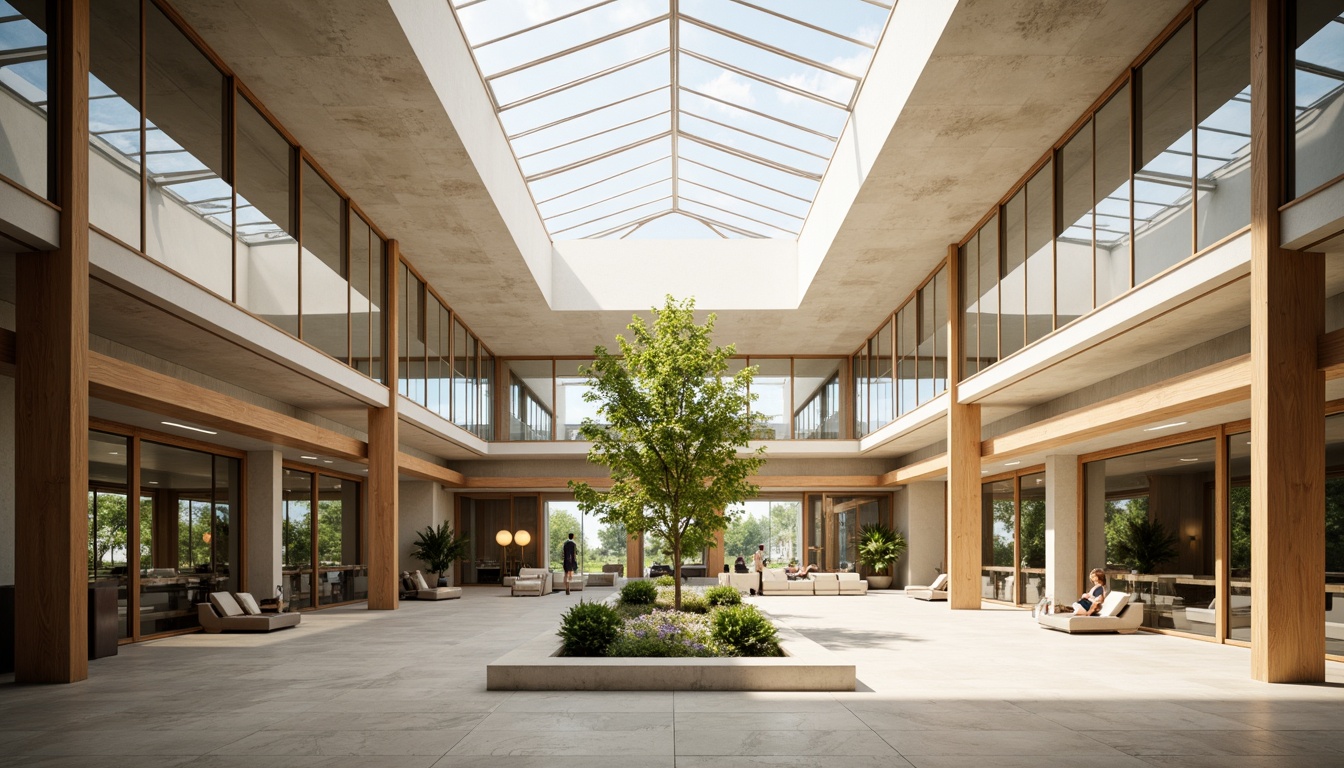 Prompt: Spacious interior, high ceilings, floor-to-ceiling windows, transparent glass walls, clerestory roofs, skylights, open atriums, natural stone floors, wooden beams, minimalist decor, bright color scheme, reflective surfaces, ambient lighting, indirect sunlight, warm tone, shallow depth of field, 1/1 composition, symmetrical framing, realistic textures, soft shadows, daylight harvesting systems, solar tubes, prismatic skylights, LED lighting integration.