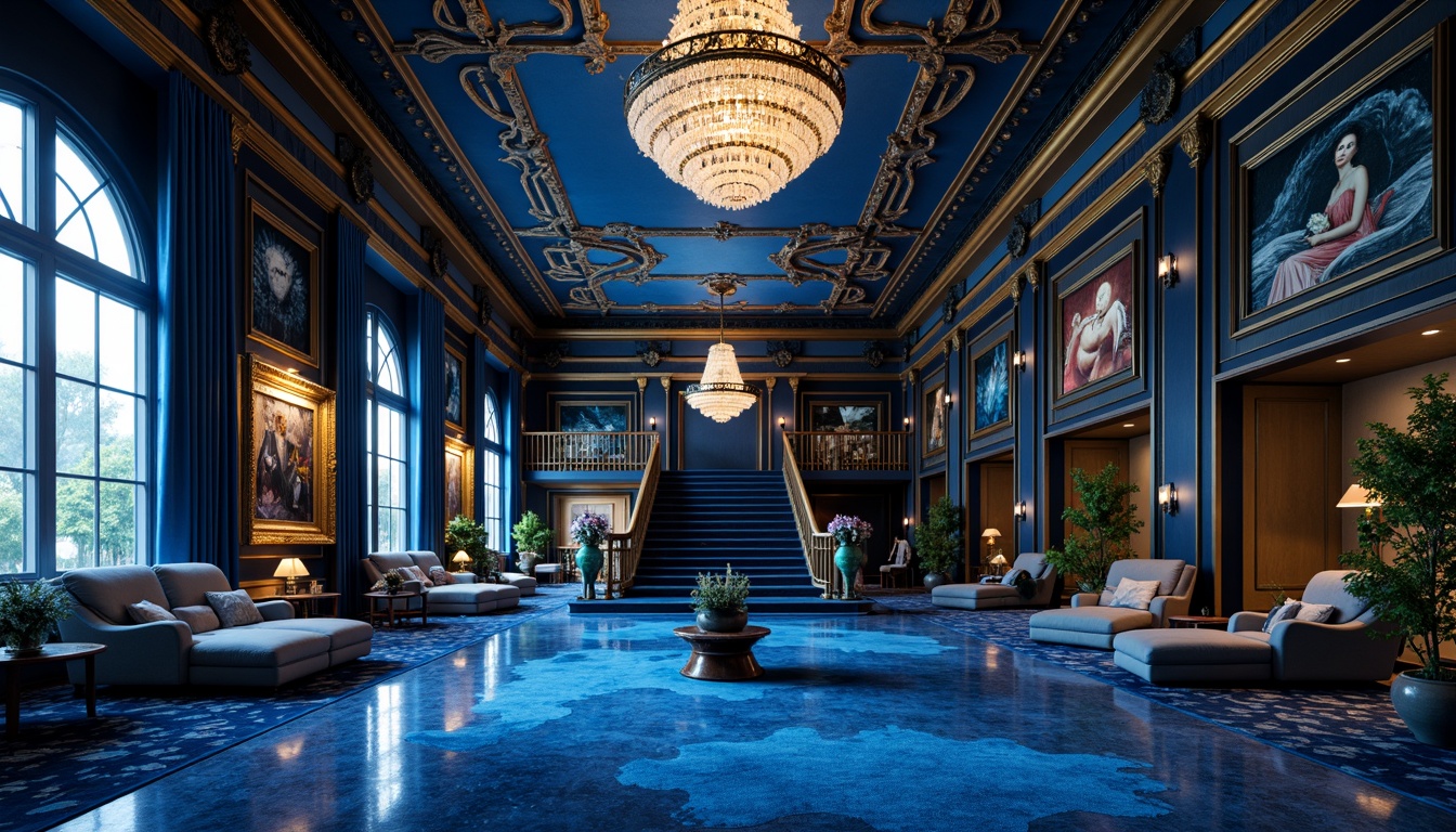 Prompt: Luxurious sapphire blue, rich velvety texture, gemstone-inspired architecture, ornate decorations, lavish furnishings, crystal chandeliers, intricate patterns, majestic high ceilings, grand staircase, opulent materials, sophisticated ambiance, soft warm lighting, cinematic color grading, 1/1 composition, shallow depth of field, realistic reflections.