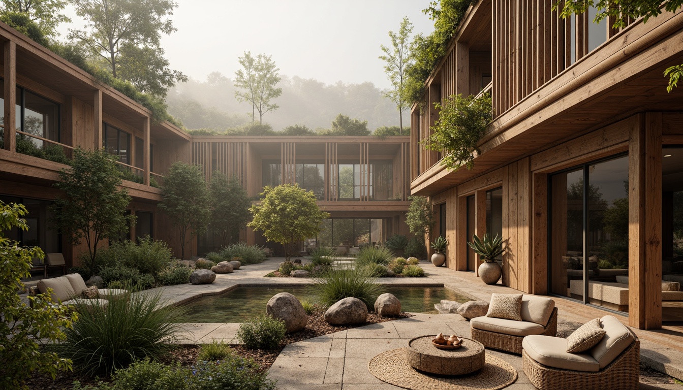 Prompt: Earthy tones, organic forms, reclaimed wood, living walls, green roofs, natural stone facades, bamboo structures, wicker furniture, jute textiles, woven baskets, earthy ceramics, rustic metal accents, soft warm lighting, atmospheric fog, misty morning, 3/4 composition, shallow depth of field, panoramic view, realistic textures, ambient occlusion.