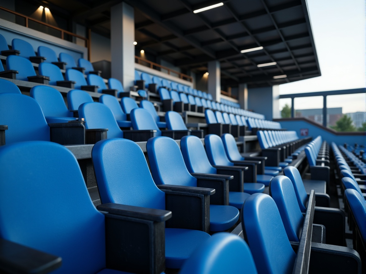 Prompt: Stadium seating, curved rows, vibrant blue seats, metallic frames, ergonomic design, comfortable cushions, ample legroom, adjustable armrests, cup holders, reclining mechanisms, tiered levels, panoramic views, atmospheric lighting, soft shadows, shallow depth of field, 3/4 composition, wide-angle lens, realistic textures, ambient occlusion.