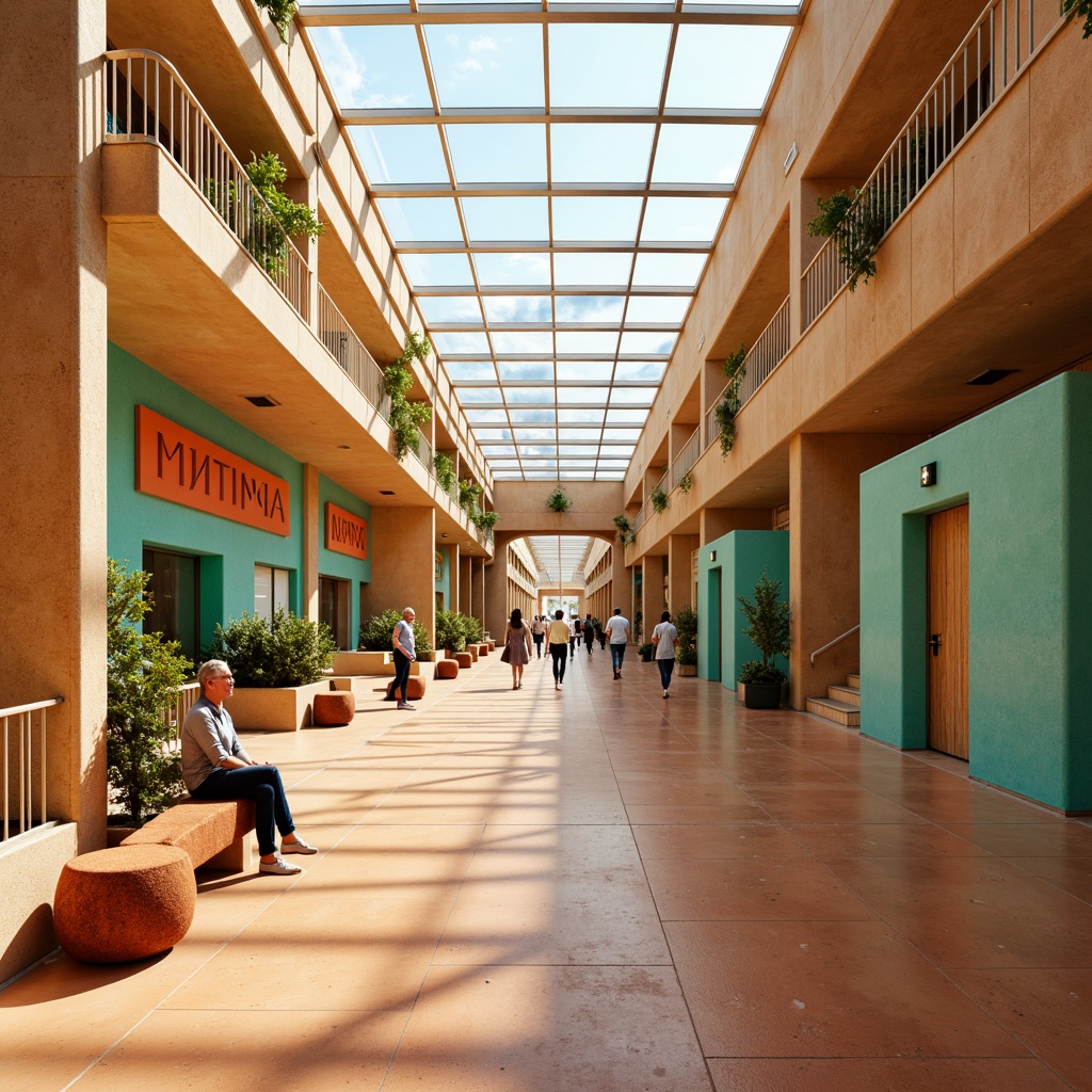 Prompt: Vibrant metro station, desert-inspired architecture, sandy beige walls, turquoise accents, warm terracotta floors, metallic silver rails, modern minimalist design, abundant natural light, large glass ceilings, cactus-shaped sculptures, rusty orange signage, sandy dunes-inspired seating areas, soft warm lighting, shallow depth of field, 3/4 composition, panoramic view, realistic textures, ambient occlusion.