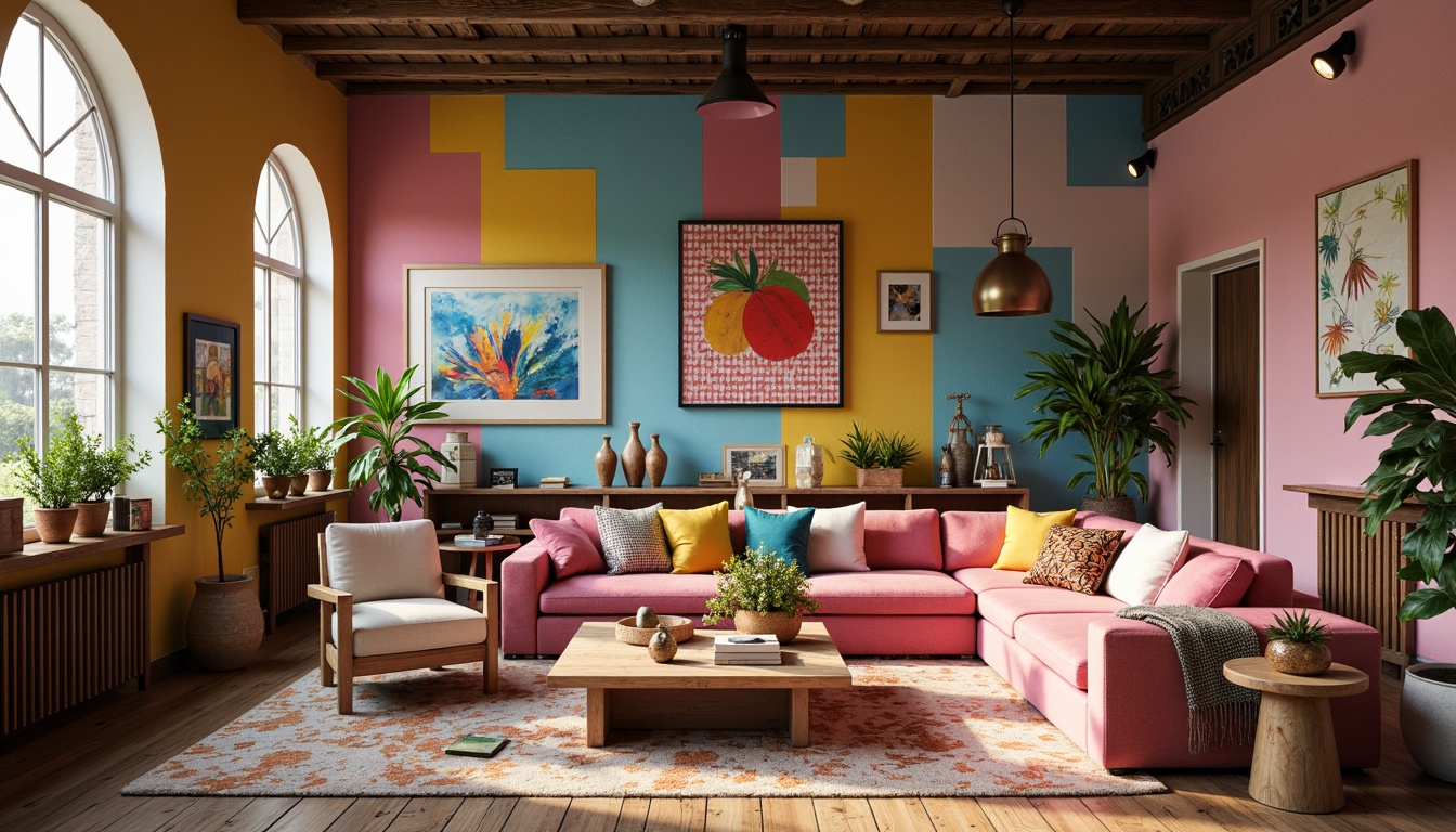 Prompt: Vibrant artistic studio, eclectic furniture, bold color blocking, pastel hues, rich textures, abstract patterns, modern lighting fixtures, sleek metal accents, natural wood tones, earthy ceramics, bohemian-inspired decor, warm atmospheric ambiance, softbox lighting, 3/4 composition, shallow depth of field, panoramic view, realistic renderings, ambient occlusion.