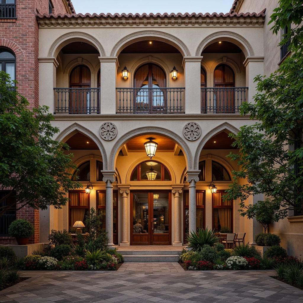 Prompt: Renaissance-style hostel facade, ornate stone carvings, grand archways, decorative cornices, warm golden lighting, intricate wrought iron balconies, rustic wooden shutters, terracotta roof tiles, lush greenery, vibrant flowers, aged brick walls, classic columns, symmetrical composition, shallow depth of field, 1/2 perspective, romantic ambiance, soft focus, warm color palette.