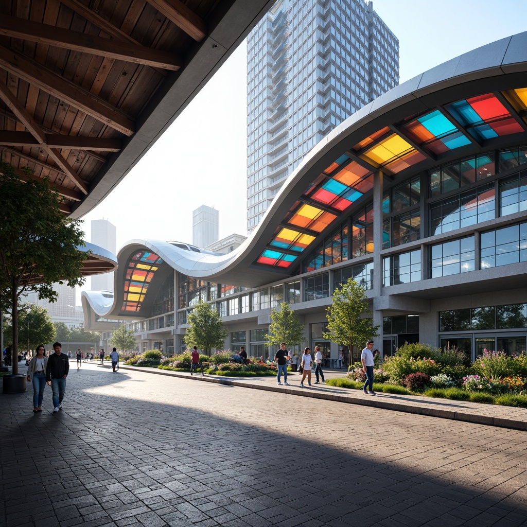 Prompt: Vibrant bus station, regionalist architecture, undulating curves, bold angular lines, dynamic steel structures, glass fiber reinforced concrete, cantilevered roofs, large overhangs, futuristic LED lighting, colorful ceramic tiles, intricate geometric patterns, urban landscape, morning commute, soft natural light, 1/1 composition, shallow depth of field, realistic textures, ambient occlusion.