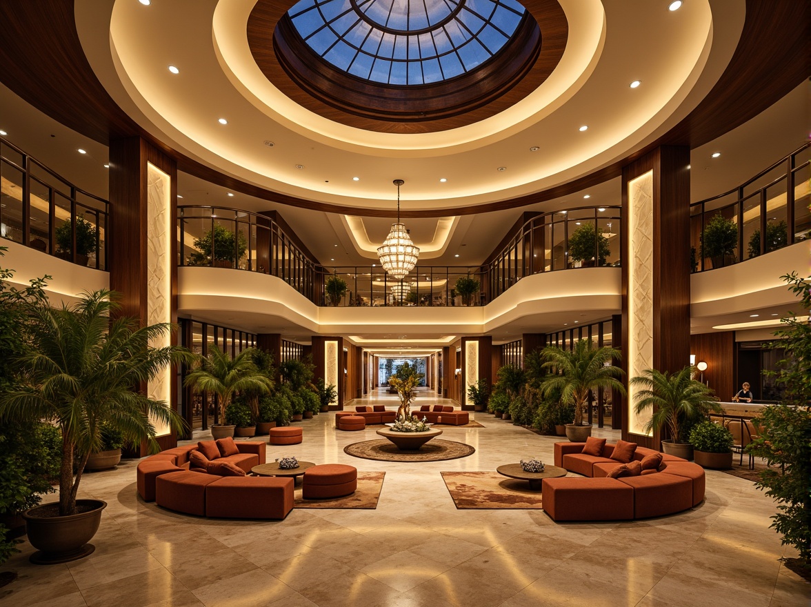 Prompt: Luxurious hotel lobby, sweeping curves, grand staircases, elegant archways, polished marble floors, ornate chandeliers, plush velvet furnishings, vibrant tropical plants, natural stone accents, warm golden lighting, soft focus, shallow depth of field, 2/3 composition, symmetrical balance, opulent details, lavish textures, atmospheric ambiance.