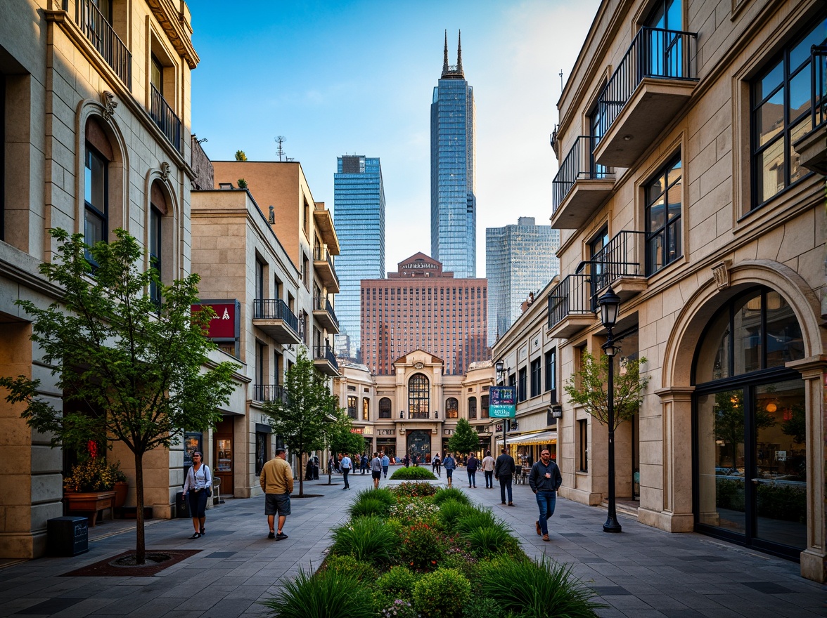 Prompt: Vibrant cityscape, eclectic mix of architectural styles, modern skyscrapers, historic buildings, ornate facades, grand archways, intricate stonework, urban parks, lush greenery, walking paths, street lamps, bustling streets, diverse cultural influences, bold color schemes, contrasting textures, ornamental details, dynamic lighting effects, 1/2 composition, low-angle shot, atmospheric perspective, cinematic mood.