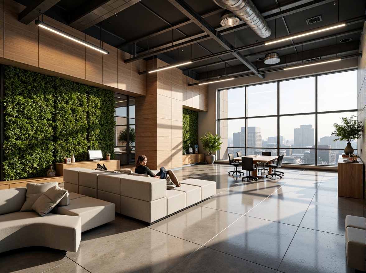 Prompt: Efficient office layout, open floor plan, minimalist decor, natural light illumination, ergonomic workstations, collaborative meeting spaces, acoustic panels, sound-absorbing materials, sleek modern furniture, metallic accents, polished concrete floors, green walls, vertical gardens, panoramic city views, floor-to-ceiling windows, 1/2 composition, shallow depth of field, soft warm lighting.