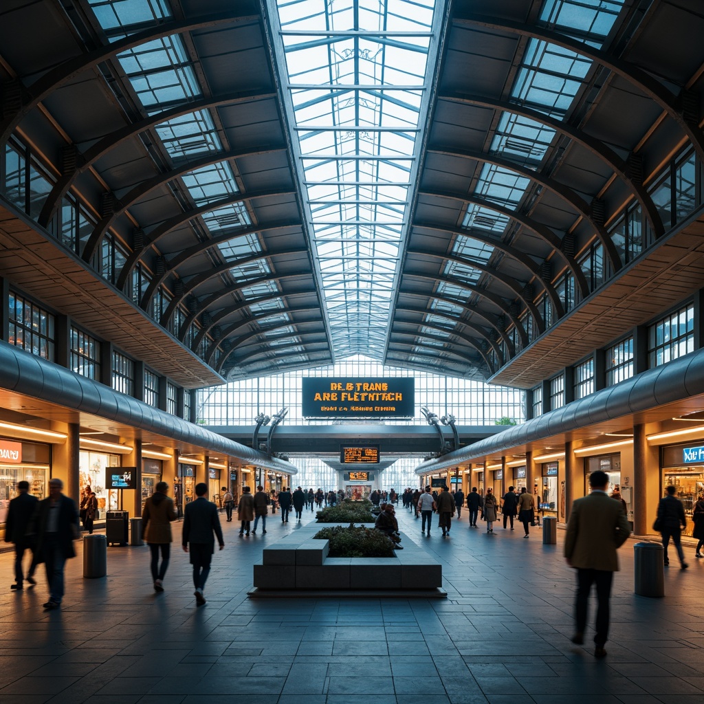 Prompt: Modern international train station, sleek glass roofs, steel beams, futuristic architecture, grand high ceilings, sophisticated LED lighting systems, soft warm ambiance, busy rush hour scenes, diverse crowd of people, urban cityscape views, blurred motion effects, shallow depth of field, 1/2 composition, cinematic color grading, realistic reflections, detailed textures, ambient occlusion.