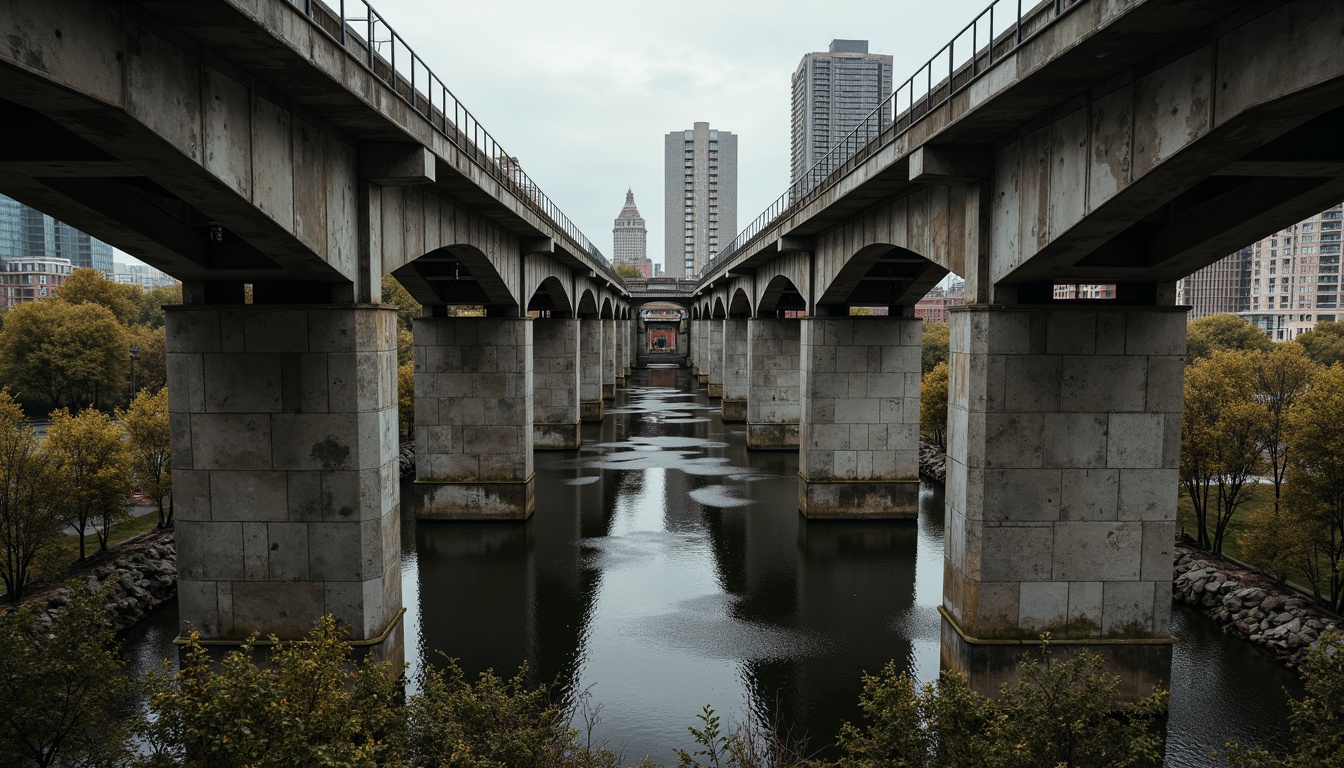 Prompt: Industrial brutalist bridge, exposed concrete structure, weathered steel beams, rugged stone walls, muted earthy tones, moss-covered surfaces, dull metallic sheen, urban cityscape background, overcast skies, dramatic shadows, high contrast lighting, cinematic composition, realistic textures, ambient occlusion.