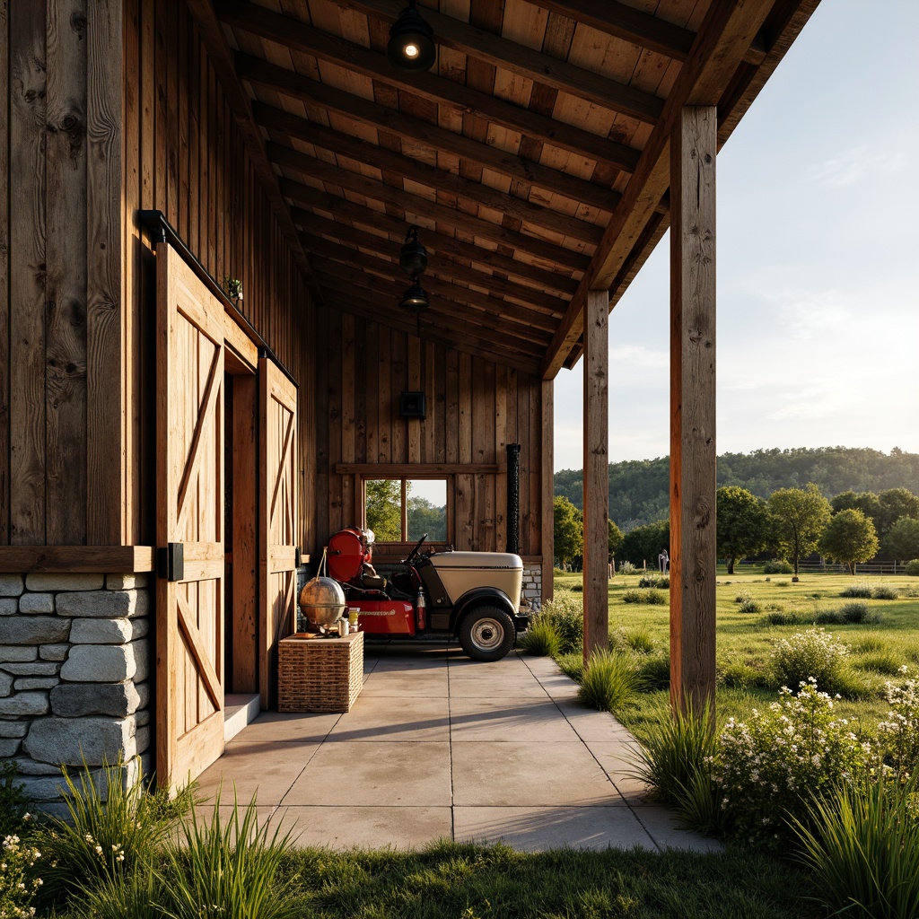 Prompt: Rustic barn, wooden beams, natural textures, earthy tones, stone foundations, metal roofing, reclaimed wood accents, industrial lighting fixtures, modern agricultural equipment, vintage farm tools, hayloft storage, sliding barn doors, rural landscape, green pastures, wildflowers, sunny afternoon, warm soft lighting, shallow depth of field, 1/1 composition, realistic weathering effects, ambient occlusion.